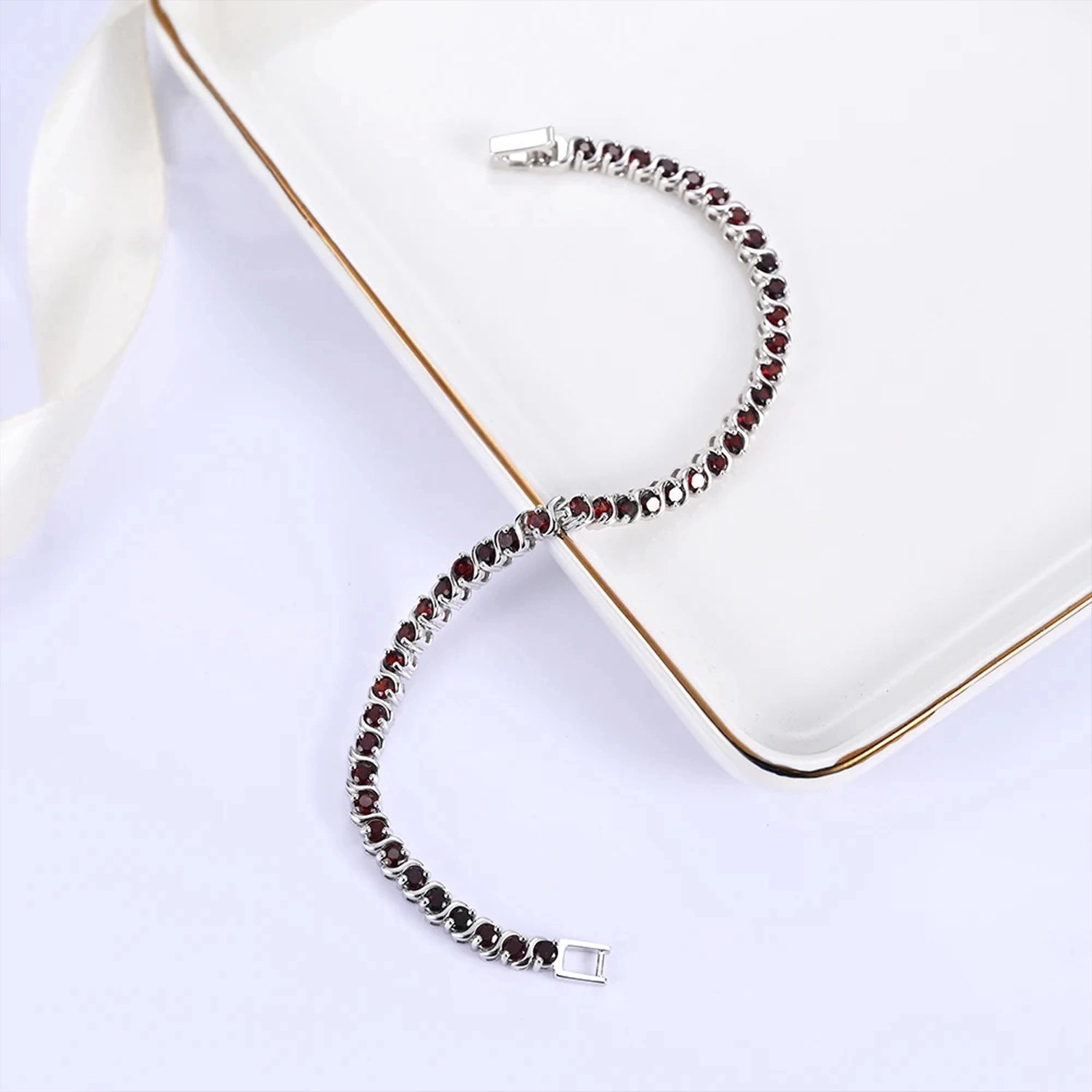 Garnet Tennis Silver Bracelet